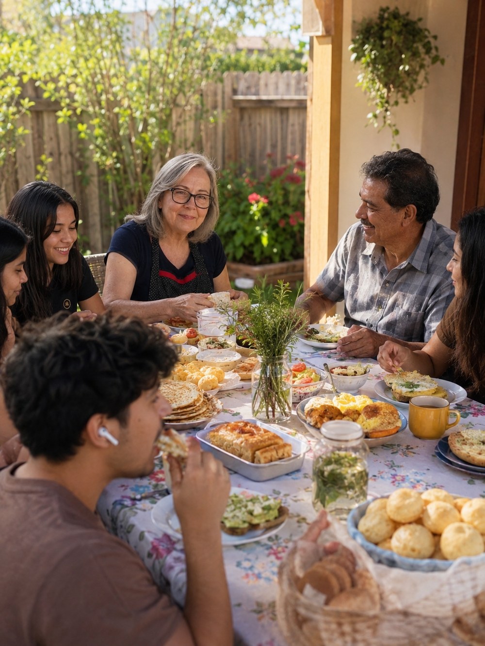 Mesa de família reunida com pães e bolos servidos