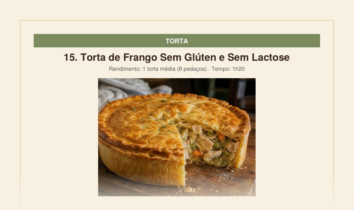 Página do caderno de receitas, receita de torta